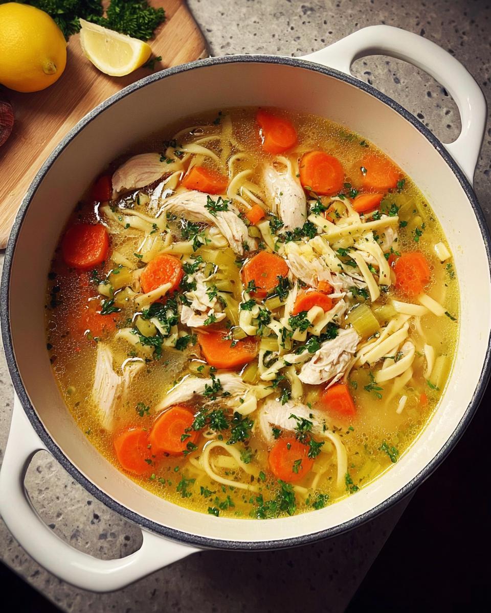 A close-up of a pot of delicious chicken noodle soup with carrots, chicken, and noodles, perfect for soup recipes.