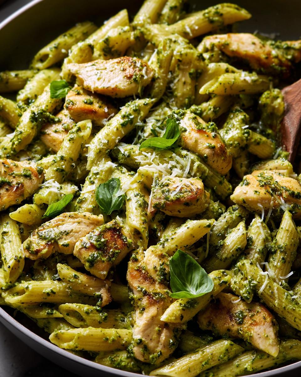 Close-up of penne pasta with grilled chicken pieces tossed in vibrant green pesto sauce, garnished with basil.