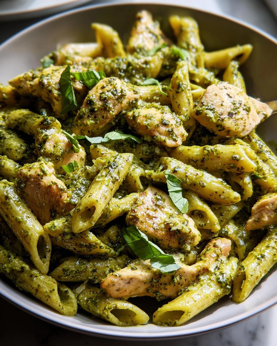 A bowl of penne pasta with chicken pieces coated in vibrant green pesto sauce, garnished with fresh basil leaves. This is a quick chicken recipe.