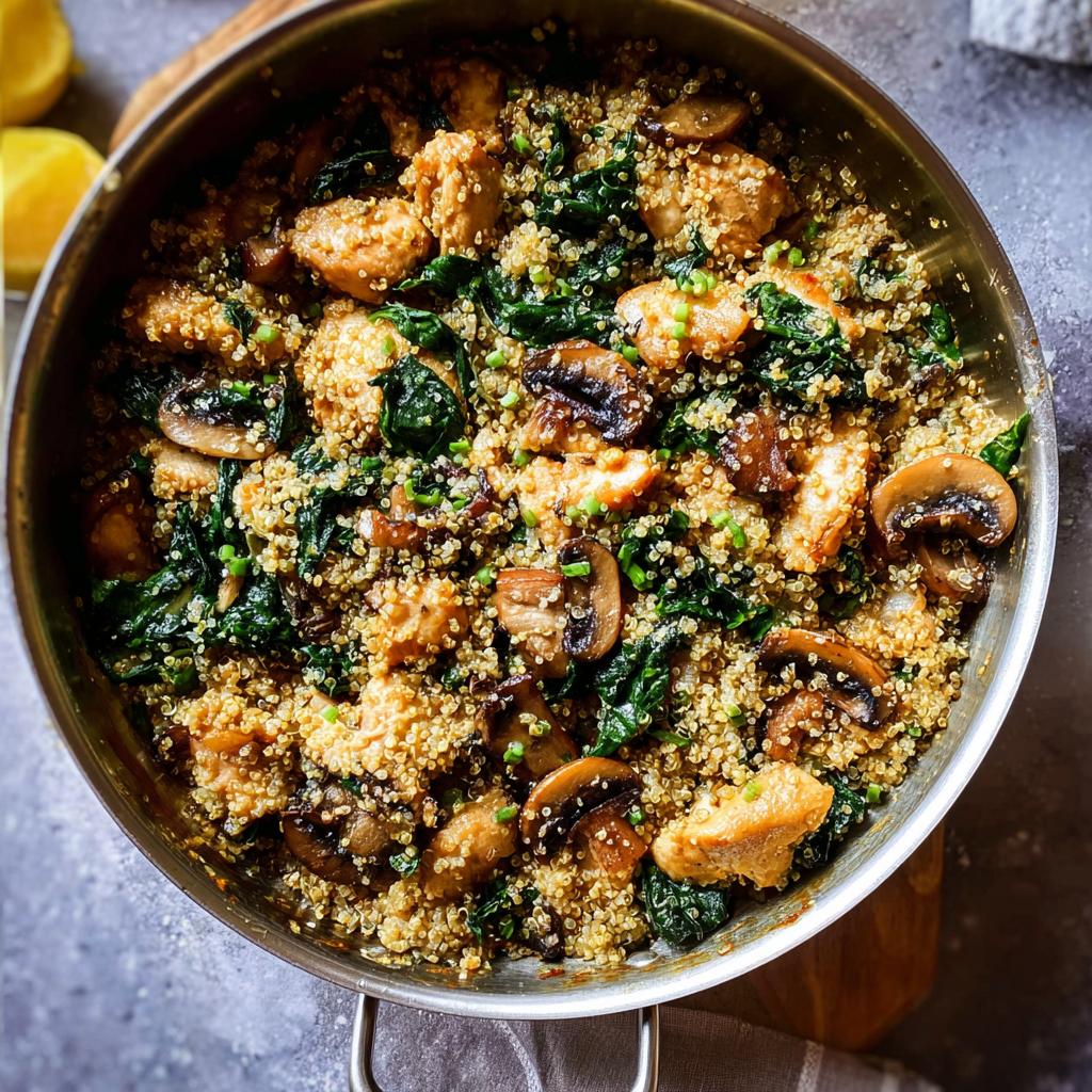 A delicious one-pan chicken and quinoa skillet with mushrooms and spinach, perfect for beginners.