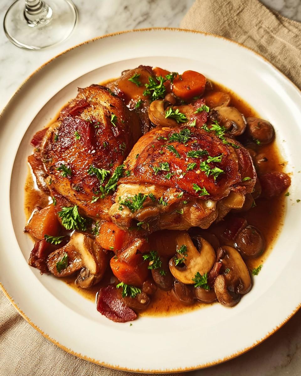 A close-up of a rustic chicken recipe dish featuring tender chicken thighs, mushrooms, carrots, and bacon in a rich sauce, garnished with parsley.