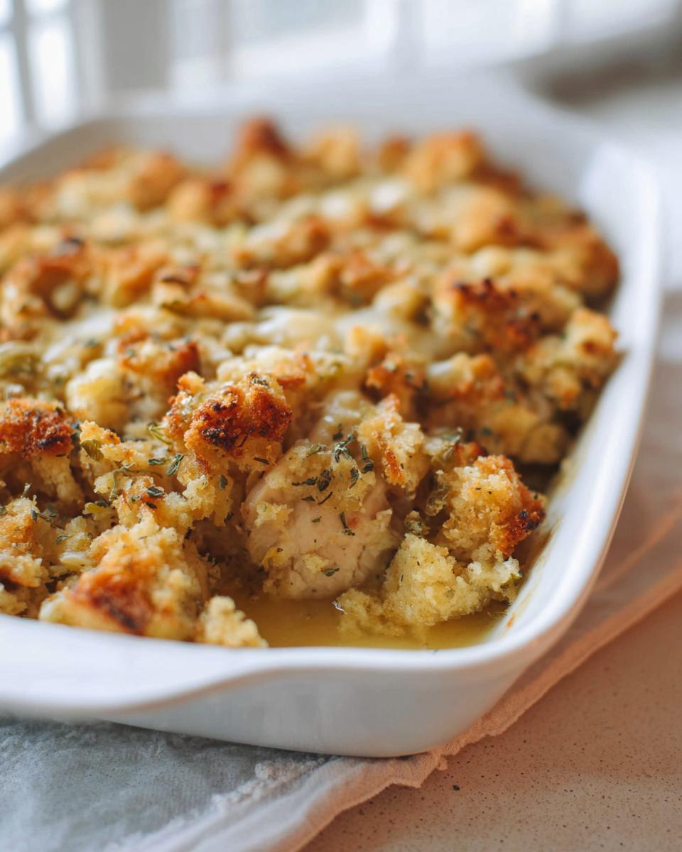 Close-up of a baked chicken and stuffing casserole in a white dish, showcasing golden-brown bread cubes and tender chicken.