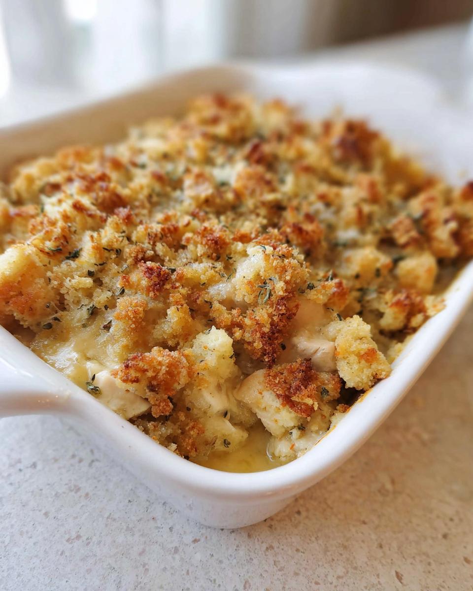 Close-up of a golden-brown chicken stuffing casserole in a white dish, with crispy breadcrumb topping.