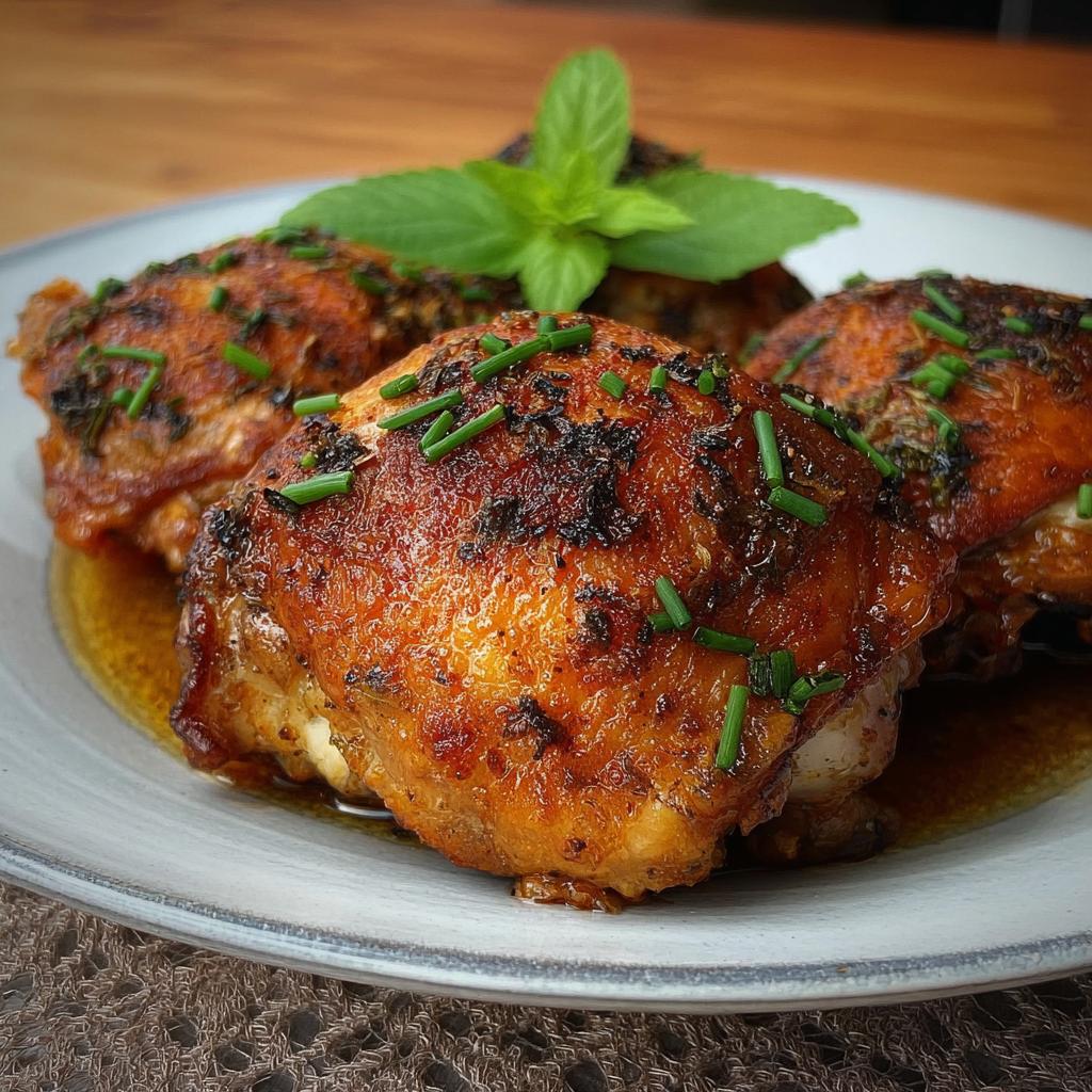 Close-up of four golden-brown, juicy chicken thighs seasoned with herbs and chives, served on a plate.