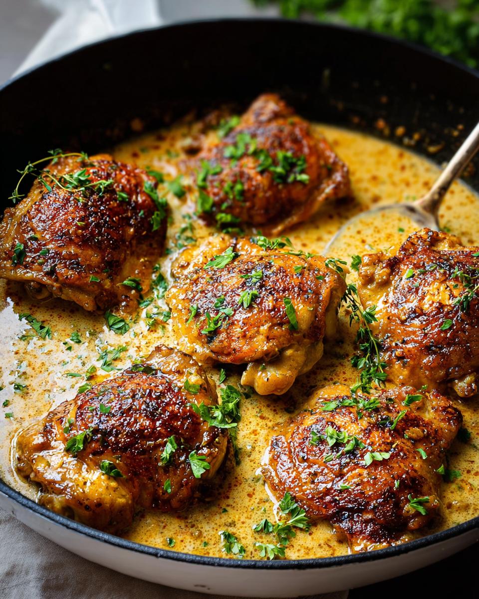 Five pan-seared chicken thighs in a rich, creamy sauce, garnished with fresh parsley. Perfect for quick chicken thigh recipes.