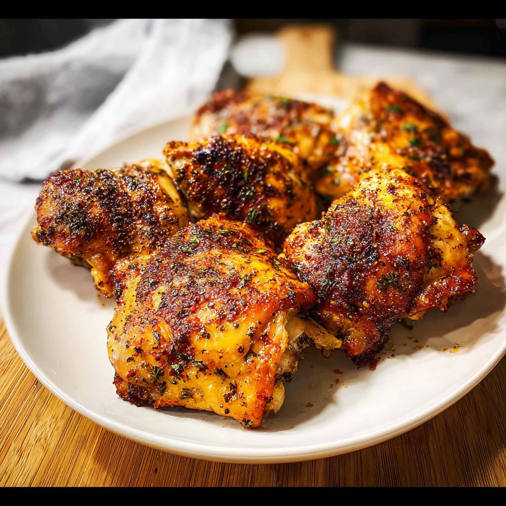 A plate of perfectly baked chicken thigh recipes, seasoned with herbs and spices, ready to be served.