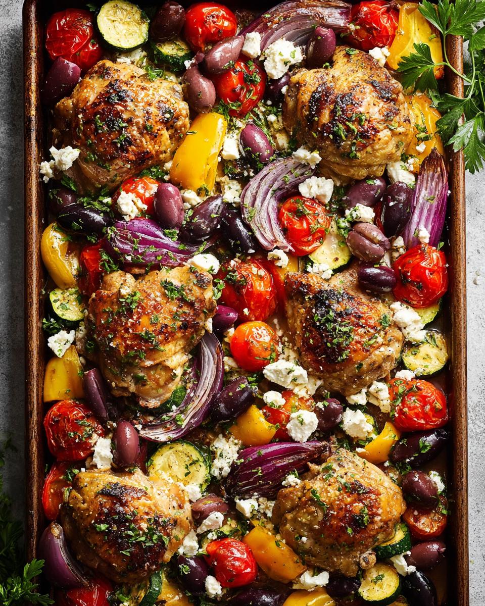 A vibrant one-pan meal prep featuring roasted chicken thighs, colorful vegetables like tomatoes, zucchini, bell peppers, red onion, olives, and crumbled feta cheese.