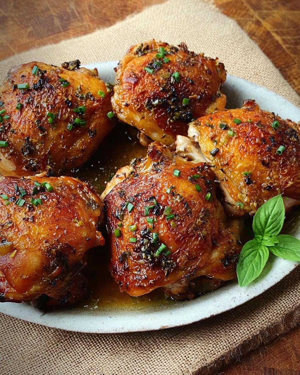 A plate of perfectly roasted chicken thighs, seasoned with herbs and chives, a perfect addition to chicken thigh recipes.