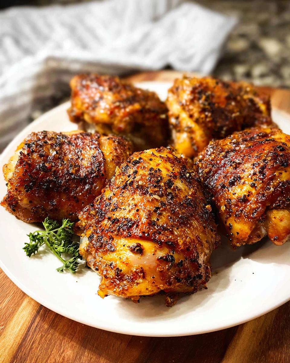 A plate of perfectly roasted chicken thighs, seasoned with herbs and spices, ready to be served.