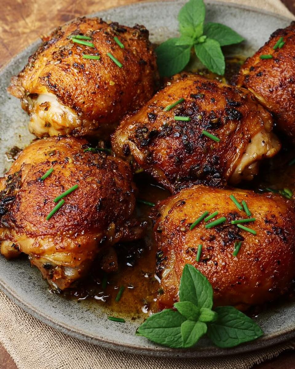A plate of juicy, pan-seared chicken thighs seasoned with herbs and spices, a perfect example of chicken thigh recipes.