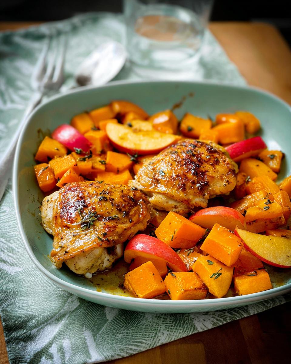 Two juicy roasted chicken thighs served with cubes of butternut squash and apple slices, a perfect weeknight meal.