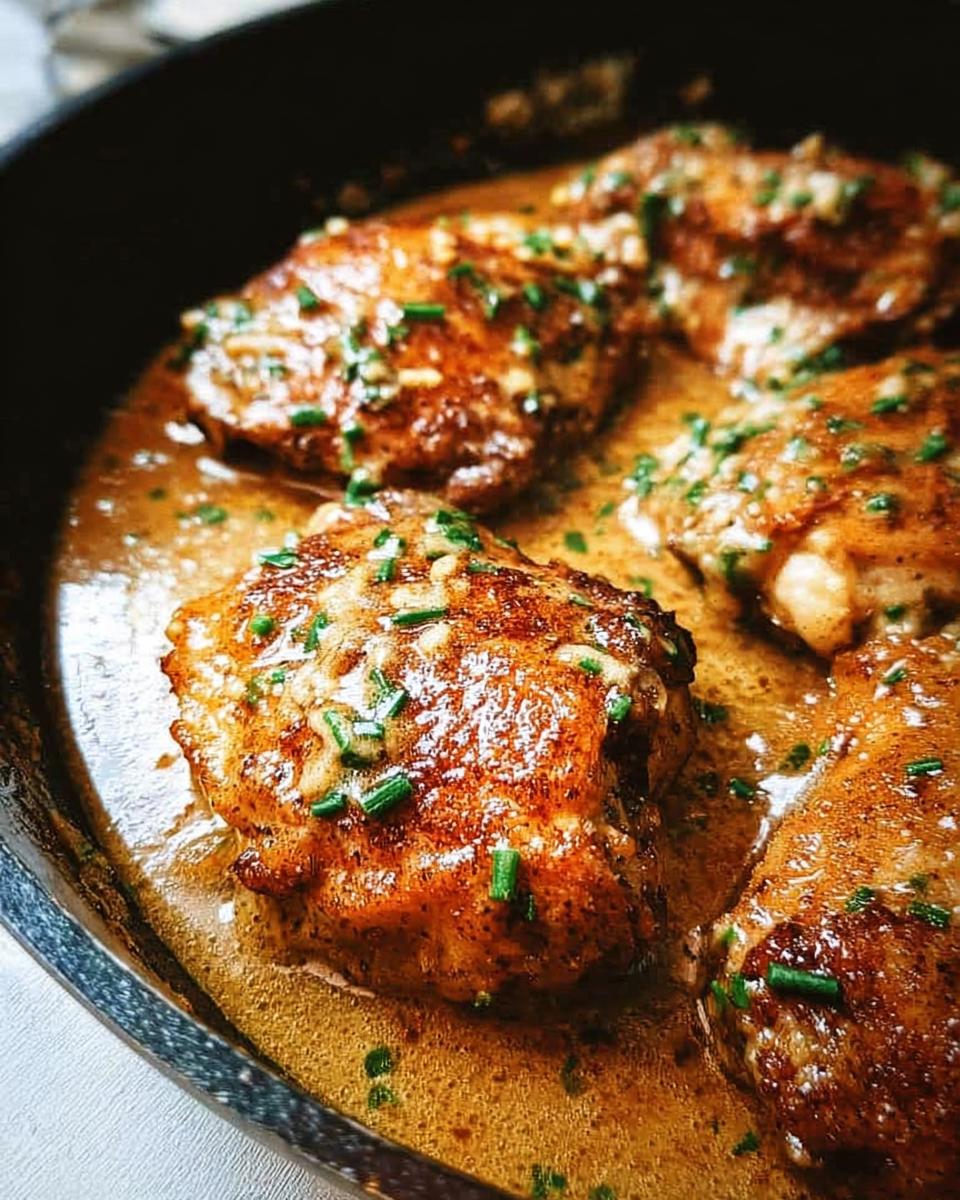 Close-up of pan-seared chicken thighs in a rich, glossy sauce, garnished with fresh chives.