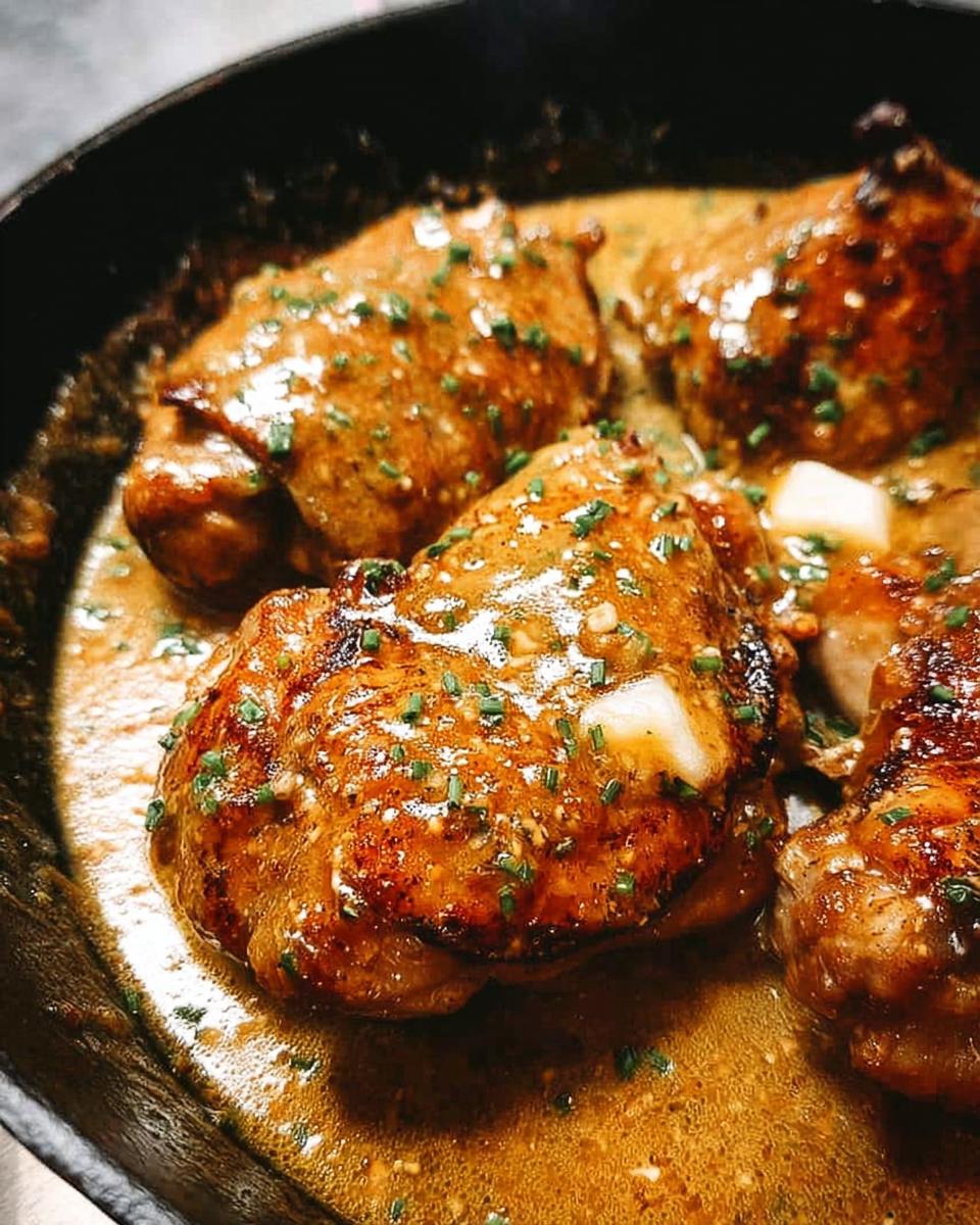Close-up of pan-seared chicken thighs in a rich, creamy sauce, garnished with chives.