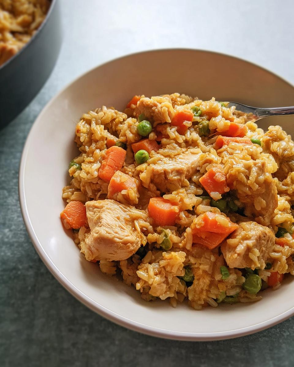 A close-up of a delicious chicken and vegetable rice bowl, featuring rice, chicken pieces, carrots, and peas.