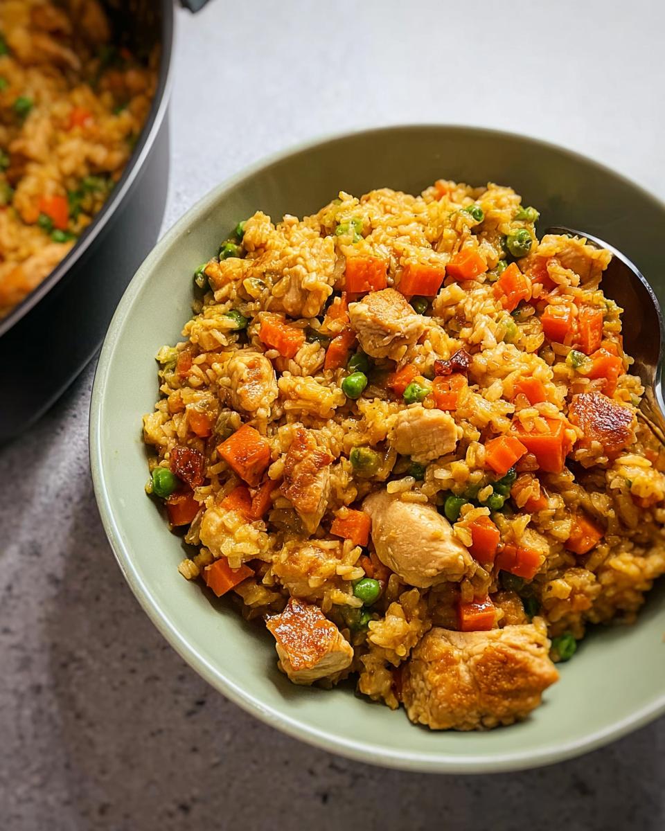 A close-up of a bowl filled with chicken and vegetable rice, part of a quick rice bowls recipe.
