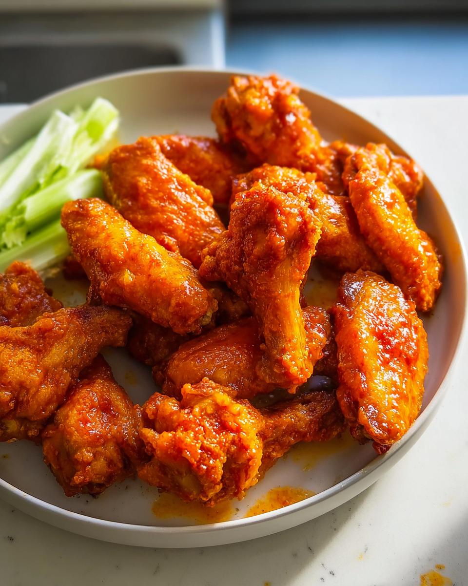 A plate of delicious, saucy chicken wings served with celery sticks, perfect for busy weeknights.
