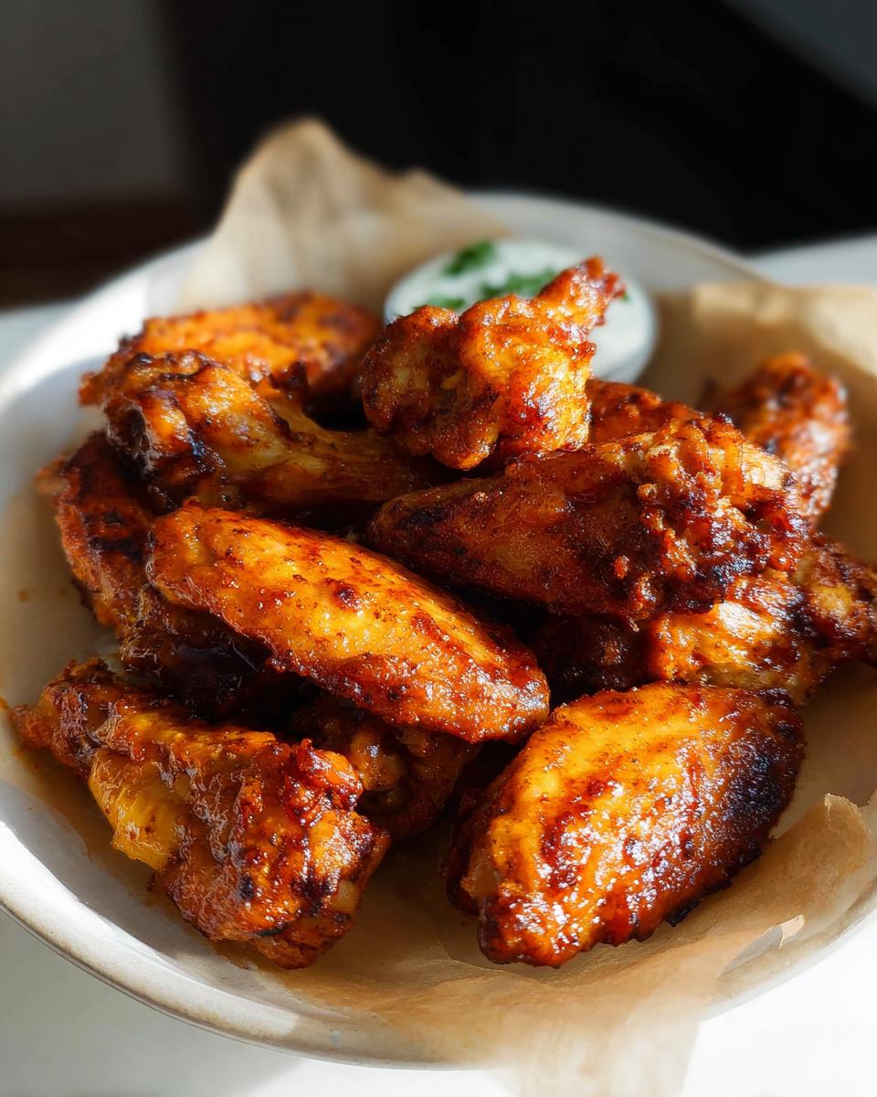 A close-up of a bowl filled with crispy, glazed chicken wings, served with a small dish of dipping sauce.