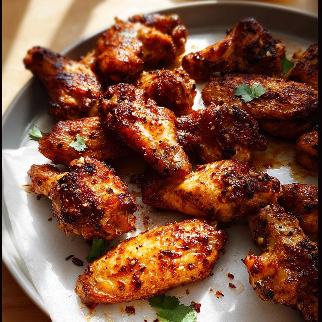 A close-up of a platter of perfectly baked, crispy chicken wings seasoned with spices and herbs.