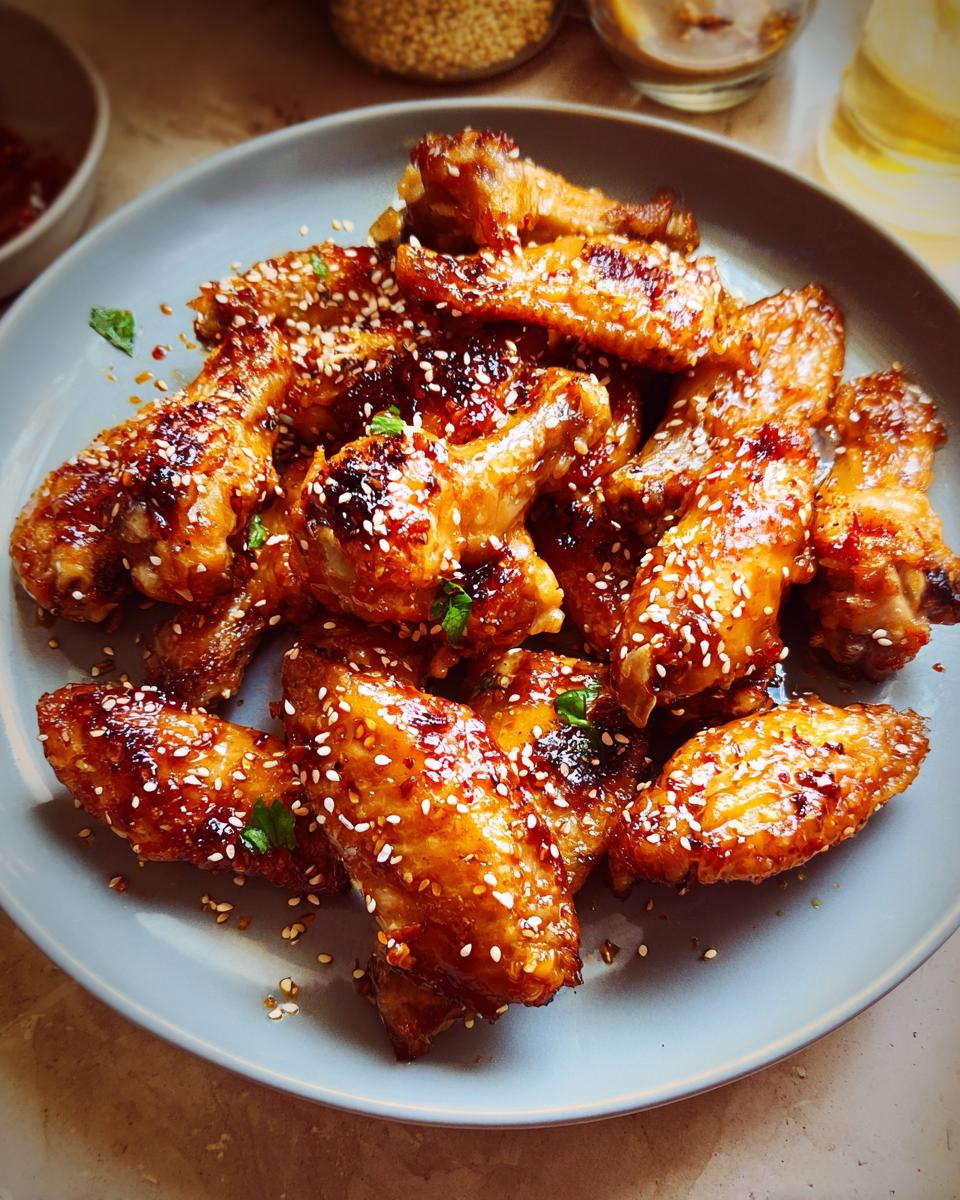 A plate full of glossy, glazed chicken wings topped with sesame seeds, perfect for chicken wings recipes meal prep.