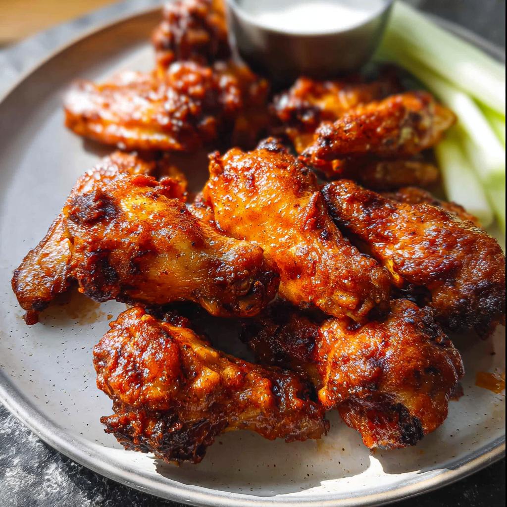 A plate of perfectly cooked, saucy chicken wings served with a side of ranch dip and celery sticks.