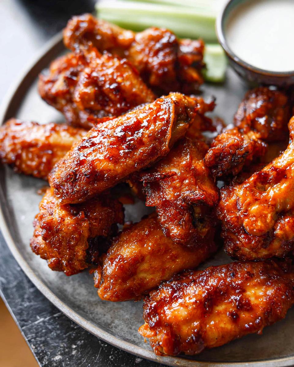 A close-up of glossy, saucy chicken wings piled on a platter with celery sticks and a dipping sauce.