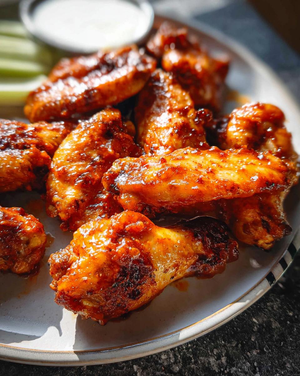 Close-up of a plate piled high with glossy, saucy chicken wings, served with celery sticks and a small dish of dip.