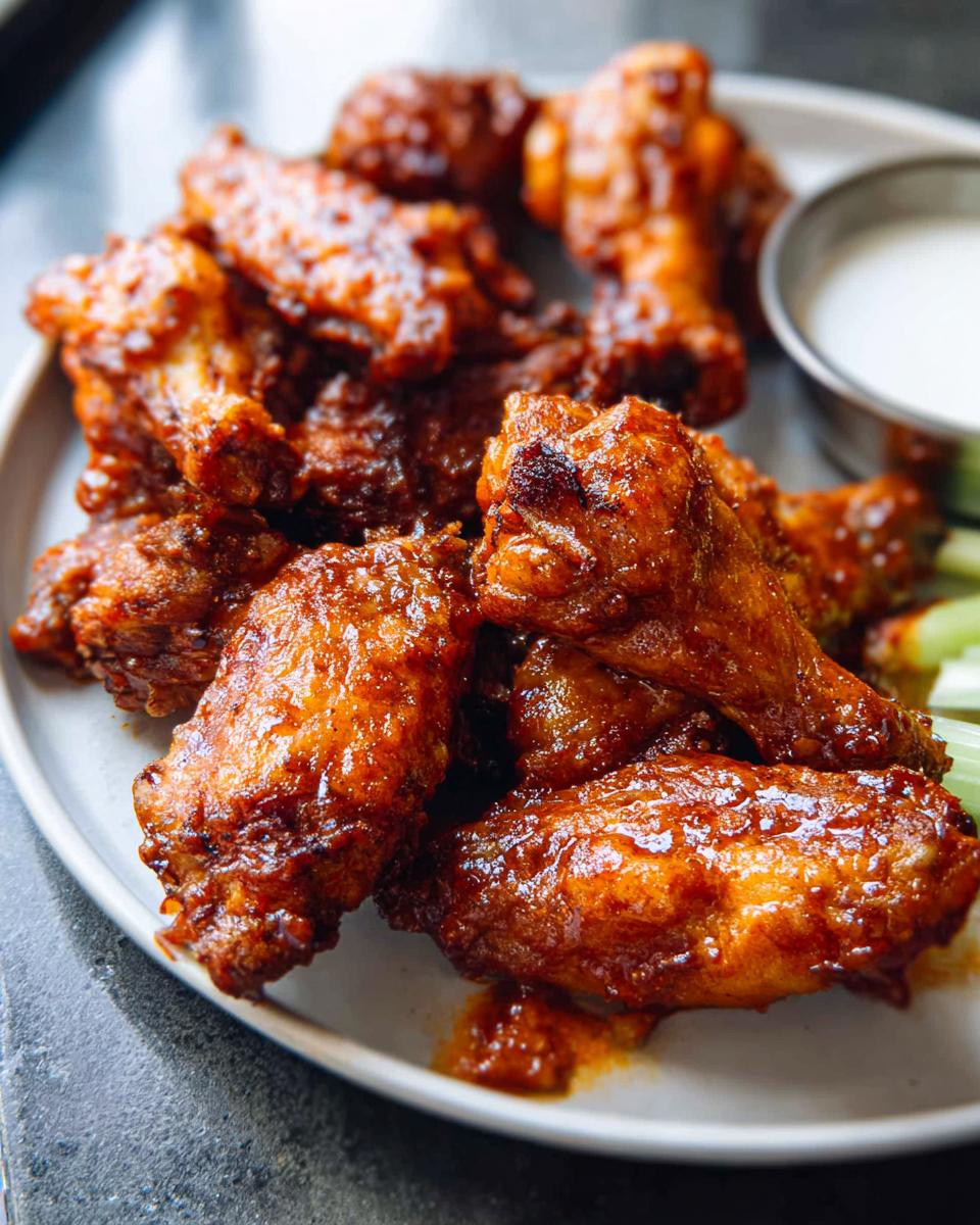 A close-up of a plate of glossy, saucy chicken wings, a popular chicken wings recipe.