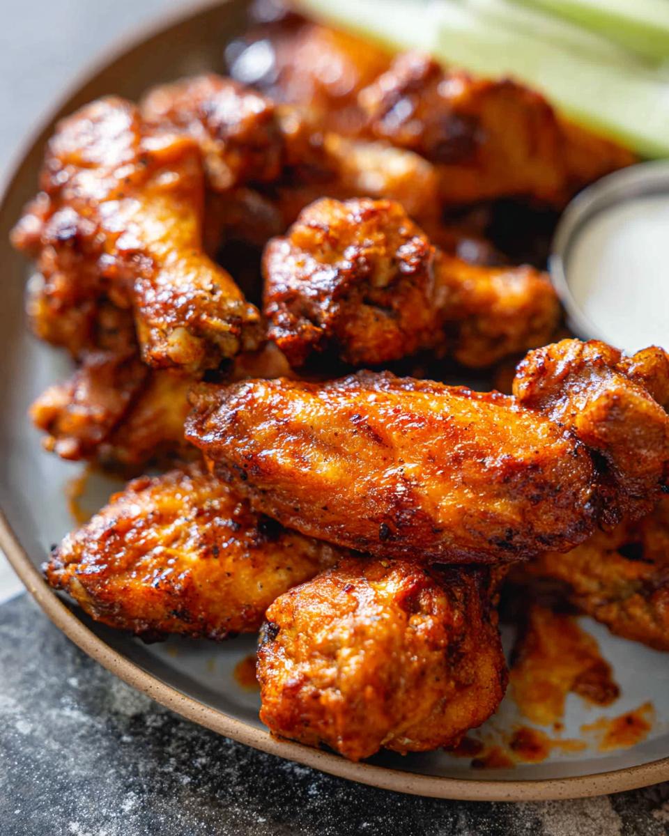 A close-up shot of a plate piled high with delicious, saucy chicken wings, served with celery sticks and dipping sauce.