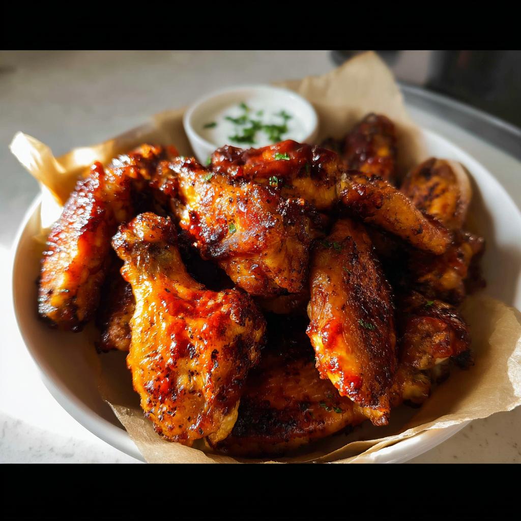A bowl of perfectly cooked, glazed chicken wings, served with a side of dipping sauce. Ideal for quick Chicken Wings Recipes in 20 Minutes.