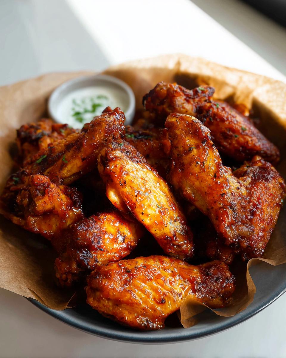 A close-up of a bowl filled with glossy, saucy chicken wings, served with a small dish of dipping sauce.