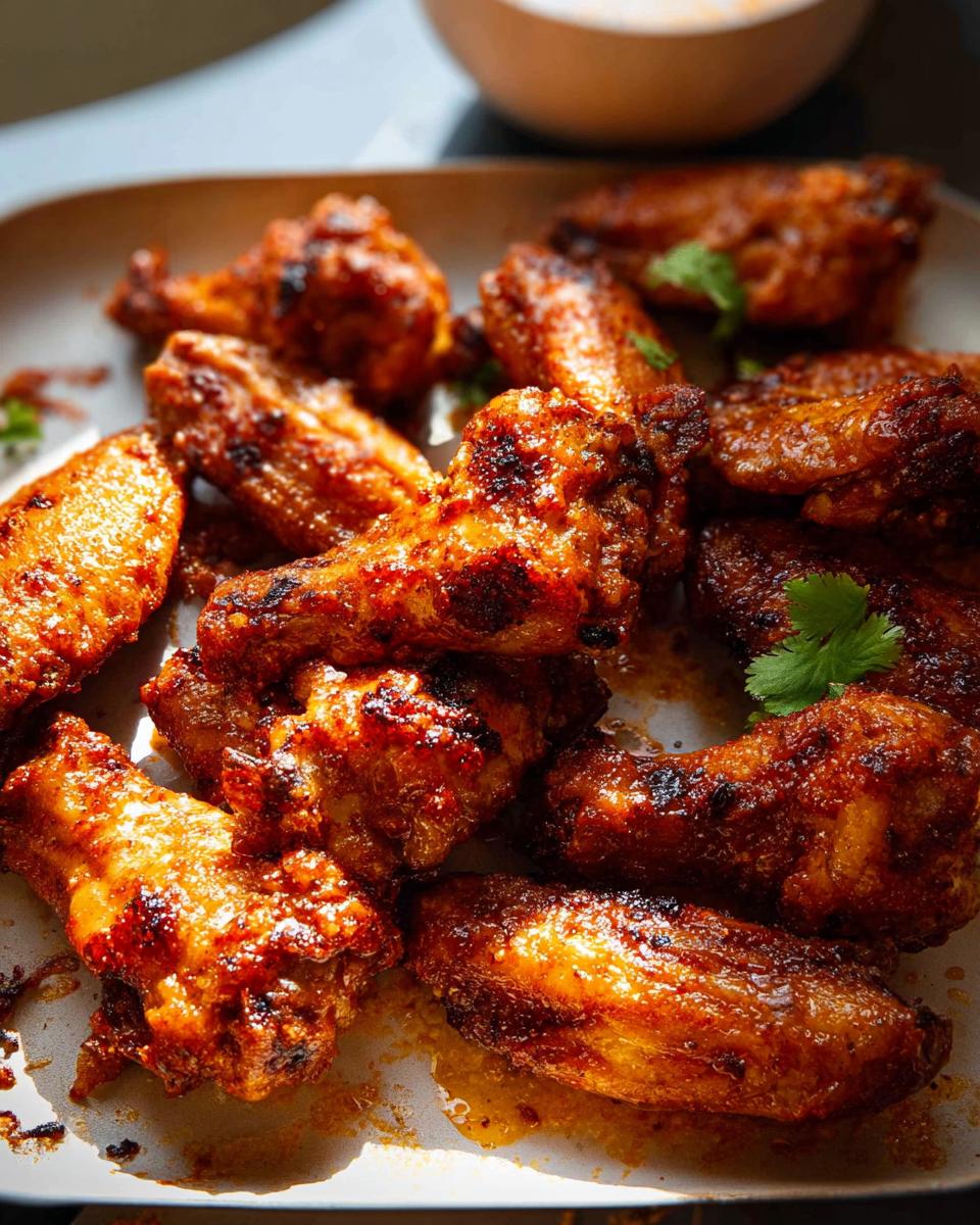 Close-up of a platter of perfectly baked chicken wings, coated in a glossy, reddish-brown sauce, with fresh cilantro garnish.