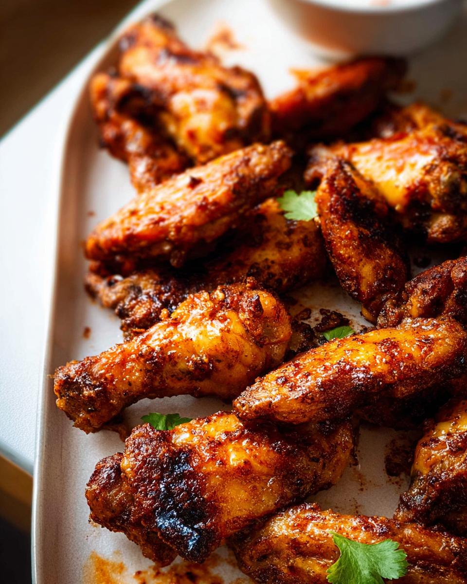 A close-up of perfectly cooked, crispy chicken wings with a spicy seasoning, garnished with cilantro.