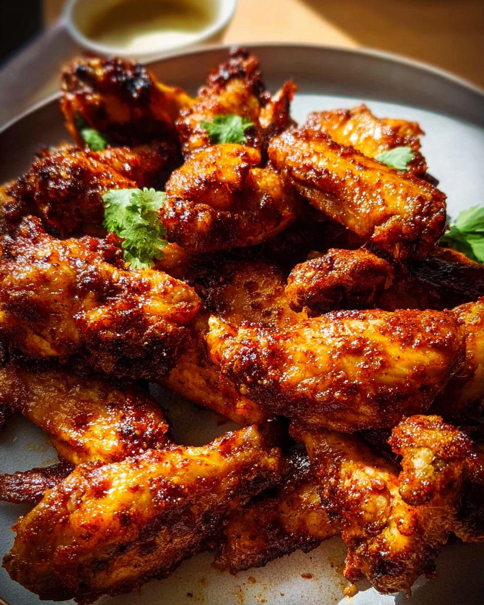 A close-up of a pile of perfectly cooked, crispy chicken wings seasoned with spices and garnished with fresh cilantro.