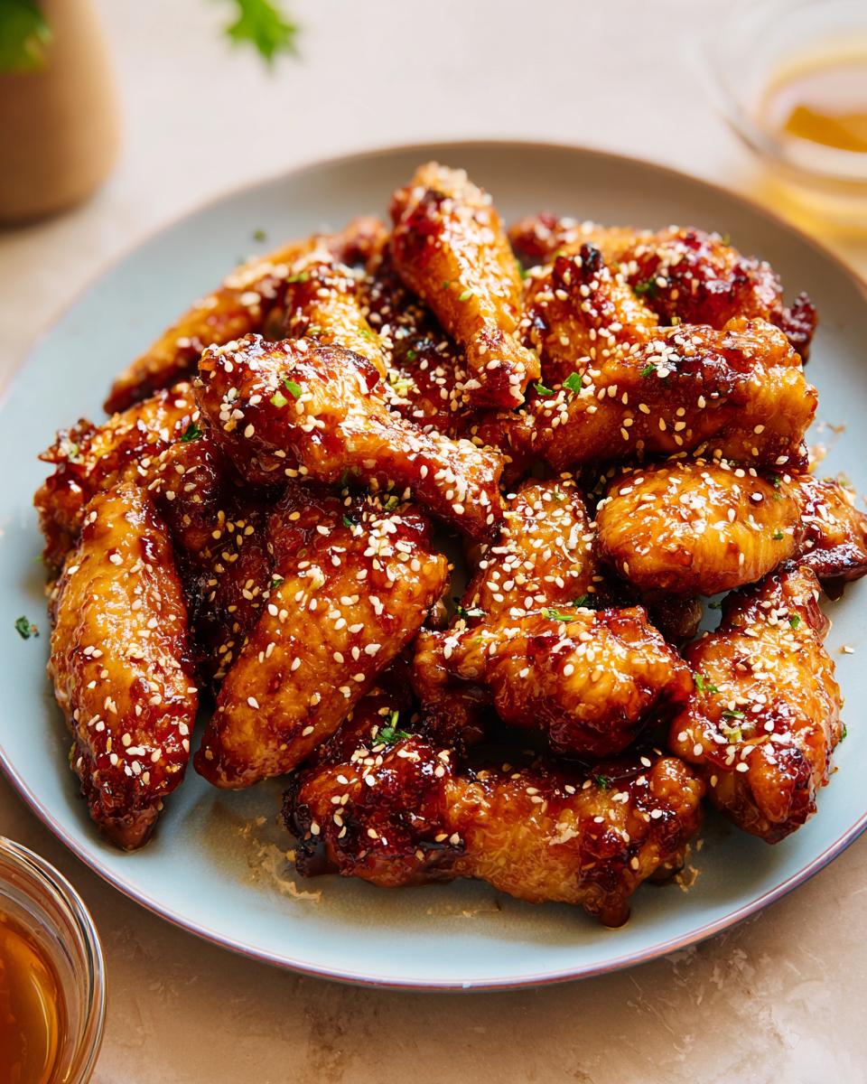 A plate of glistening, glazed chicken wings covered in sesame seeds and chopped herbs, perfect for chicken wings recipes meal prep.
