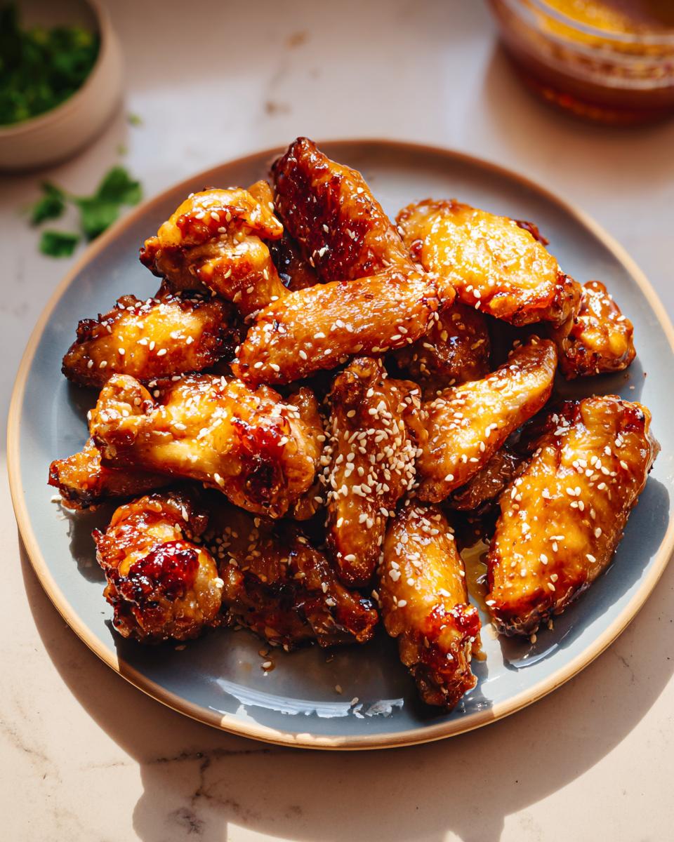 A plate full of glossy, glazed chicken wings sprinkled with sesame seeds, perfect for meal prep.