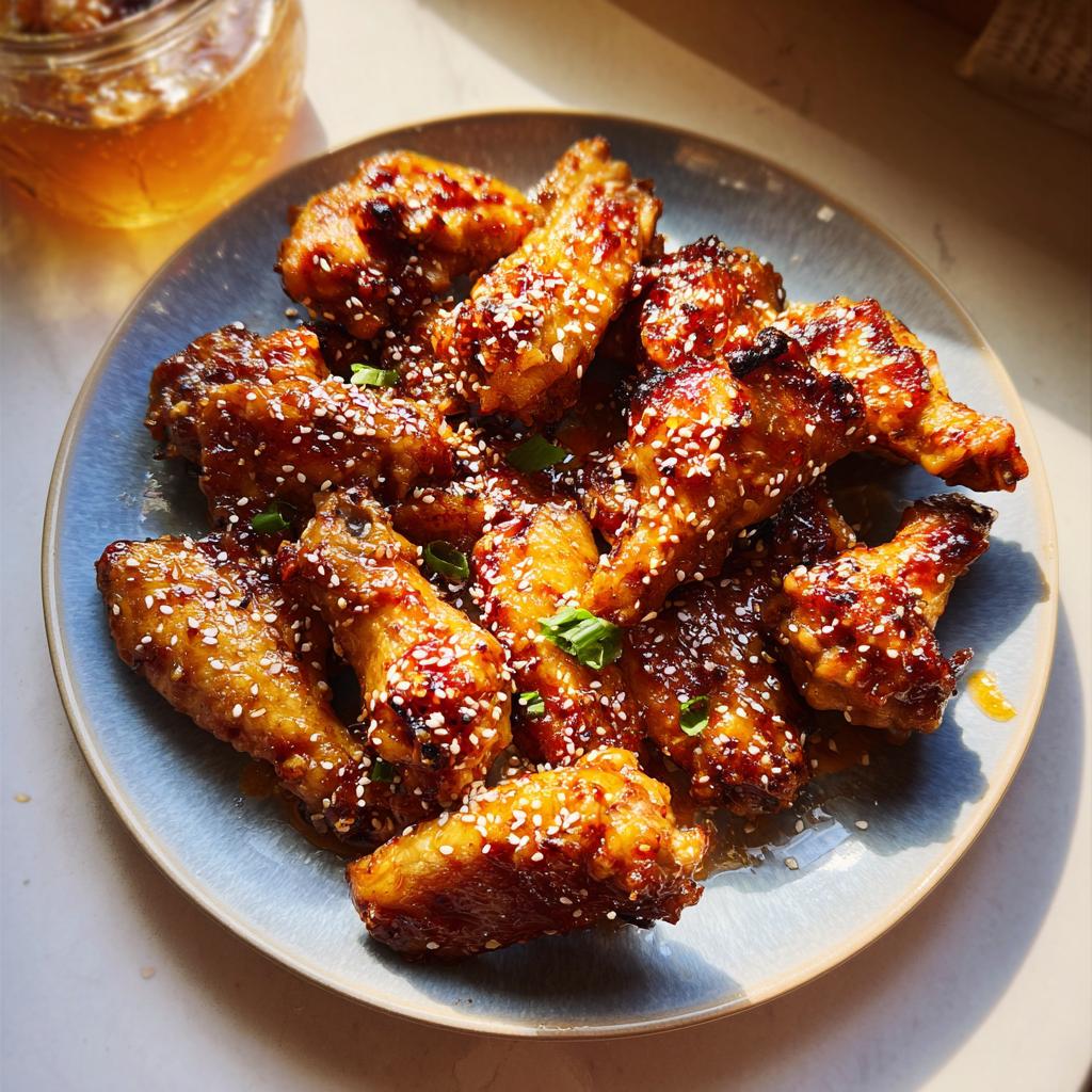 A plate of glistening, glazed chicken wings, sprinkled with sesame seeds and green onions, perfect for chicken wings recipes meal prep.