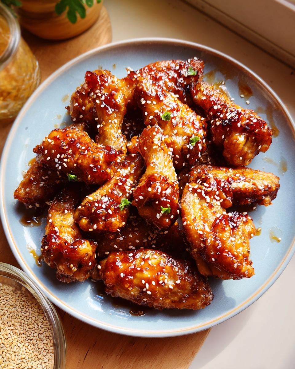 A plate of glossy, glazed chicken wings, sprinkled with sesame seeds, ready for a Chicken Wings Recipes Meal Prep.