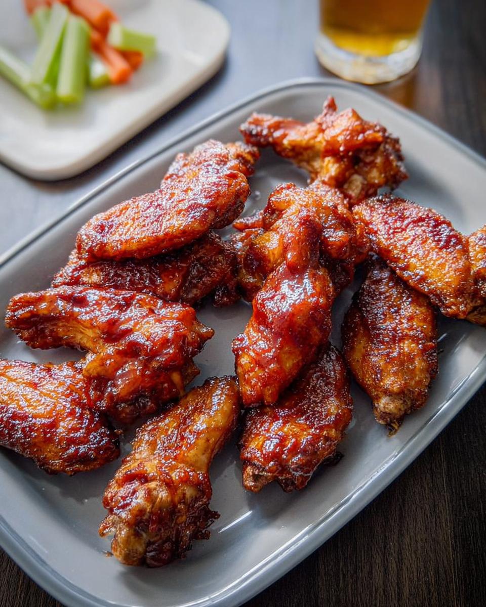 A plate full of glossy, saucy chicken wings, perfect for any chicken wings recipes.