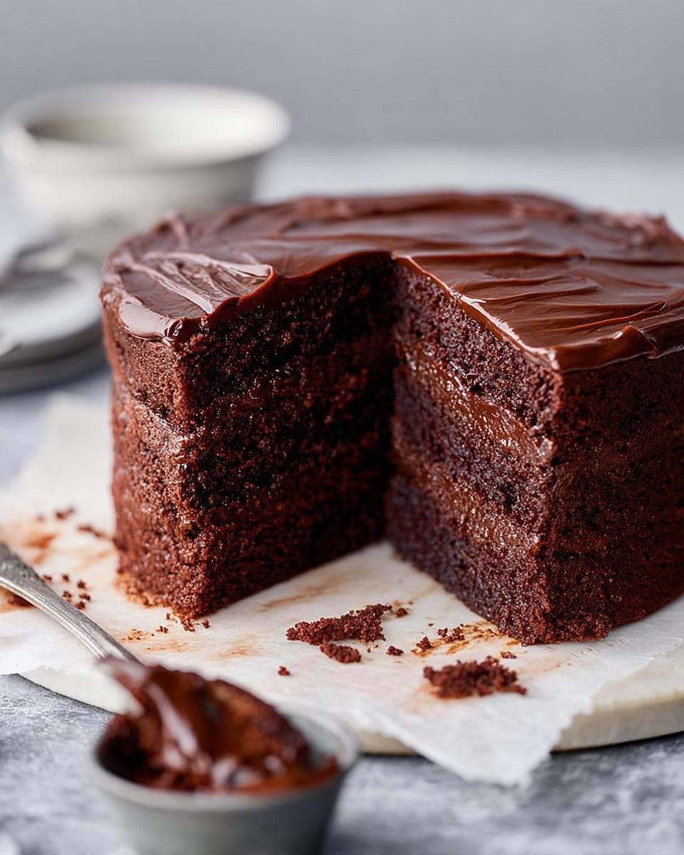 A rich, moist chocolate cake with glossy chocolate frosting, a slice removed, showcasing its tender crumb. One of the 7-Ingredient Cake Ideas.
