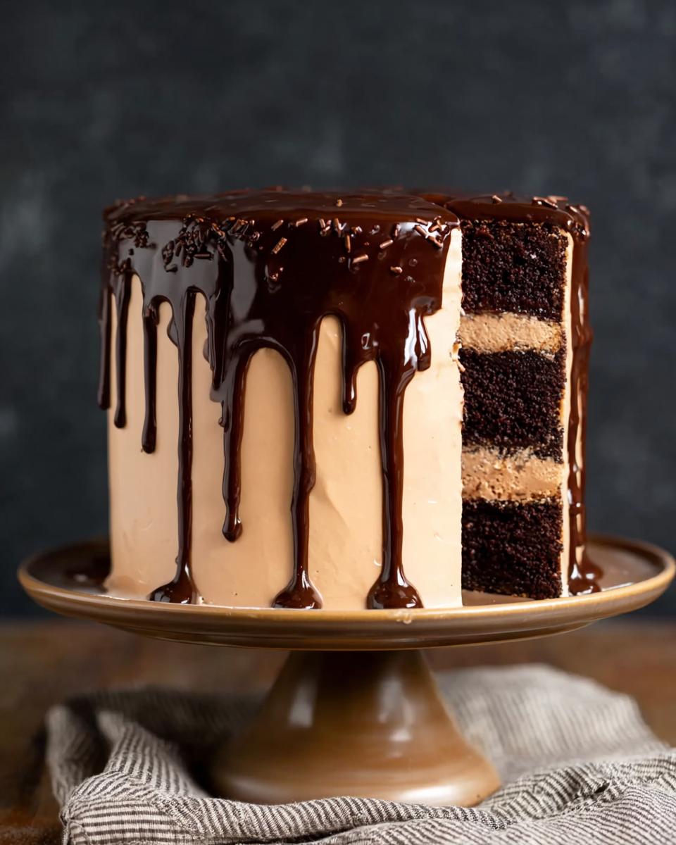 A decadent chocolate cake with light brown frosting and chocolate drip, showing layers inside, perfect for cake ideas recipes.