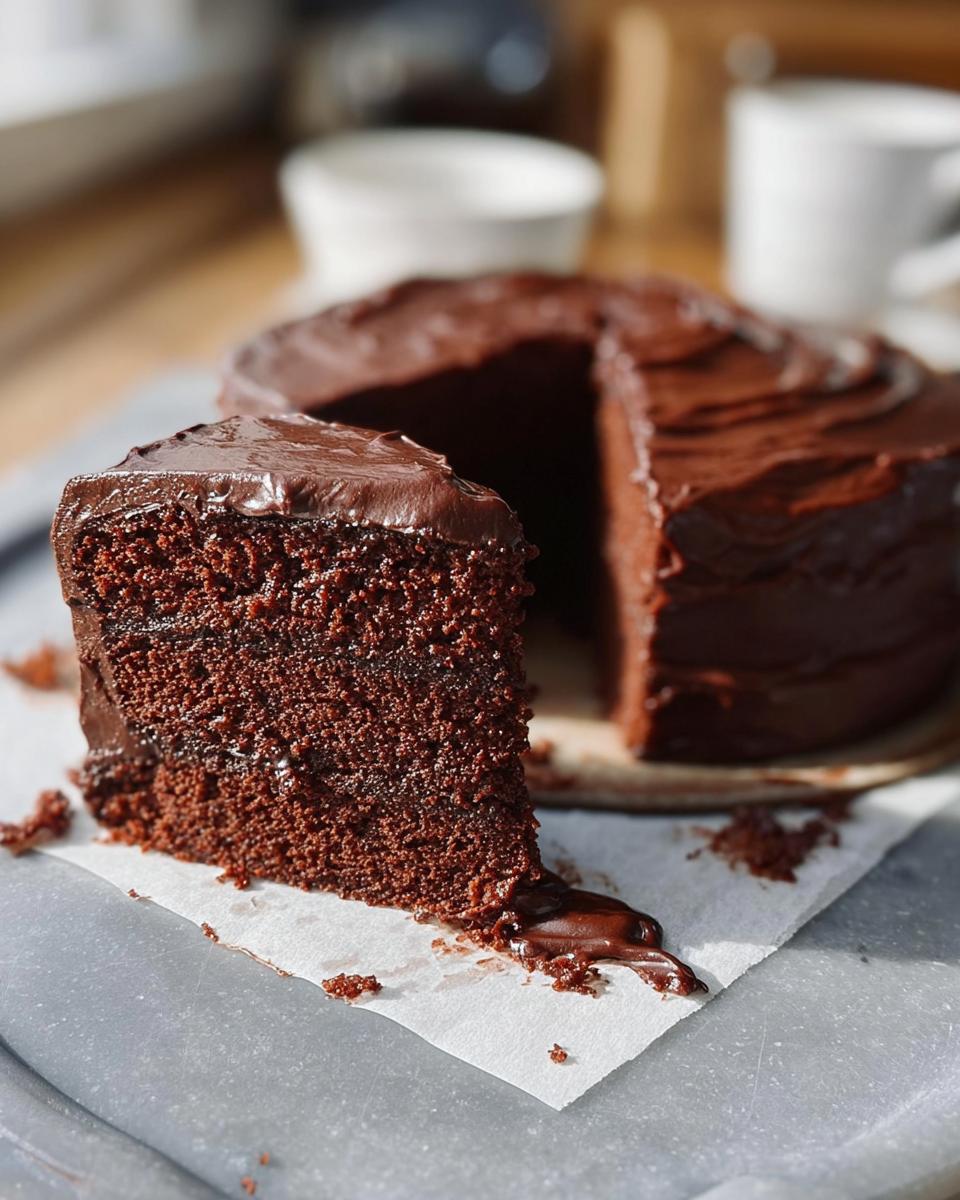 A moist slice of rich chocolate cake with decadent chocolate frosting, part of 7-Ingredient Cake Ideas Recipes.