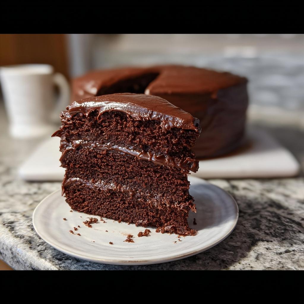 A decadent slice of moist chocolate cake with rich chocolate frosting, part of 7-Ingredient Cake Ideas.