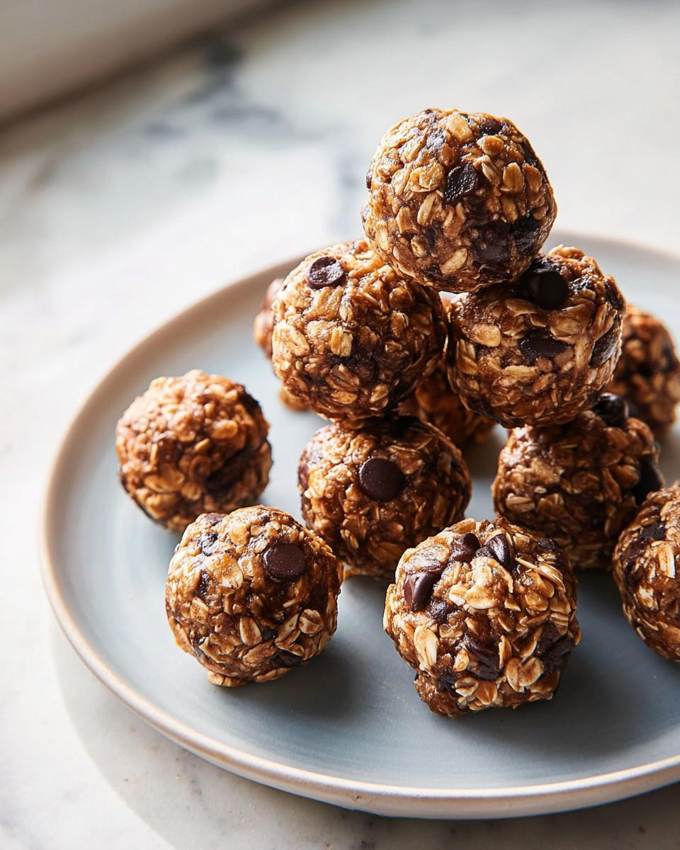 A pile of chocolate chip energy balls, perfect for breakfast ideas recipes, on a light blue plate.