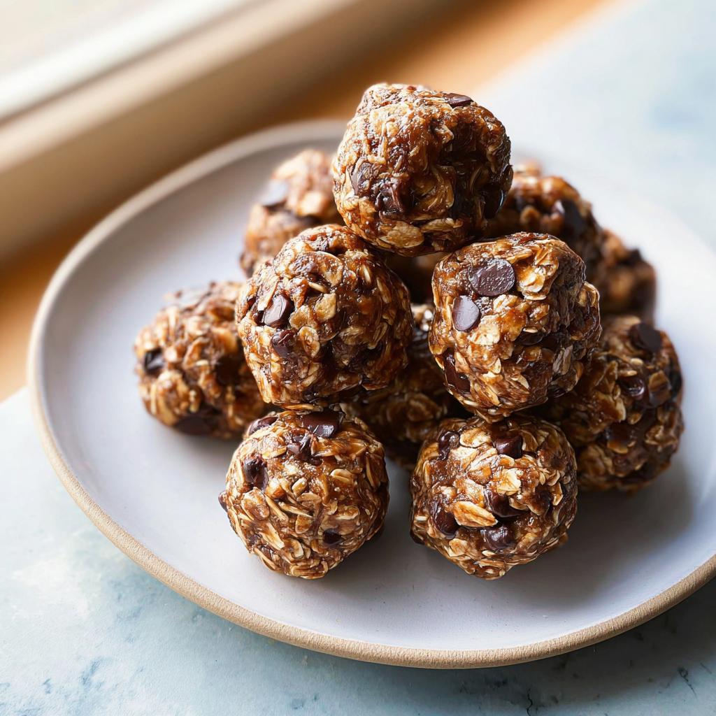 A pile of chocolate chip energy balls, a perfect breakfast idea recipe, on a white plate.