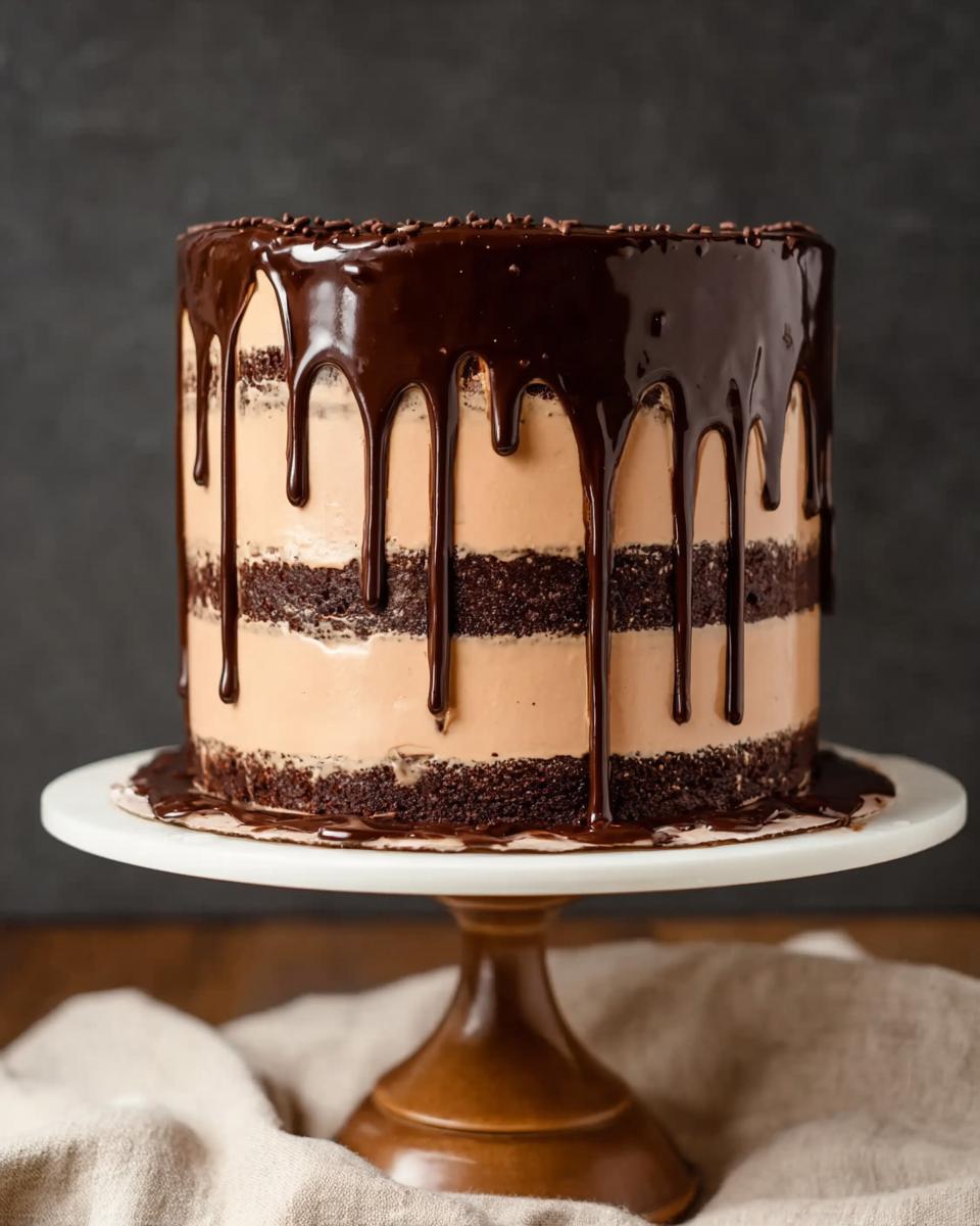 A decadent chocolate drip cake with layers of chocolate cake and caramel frosting, topped with chocolate ganache and sprinkles.