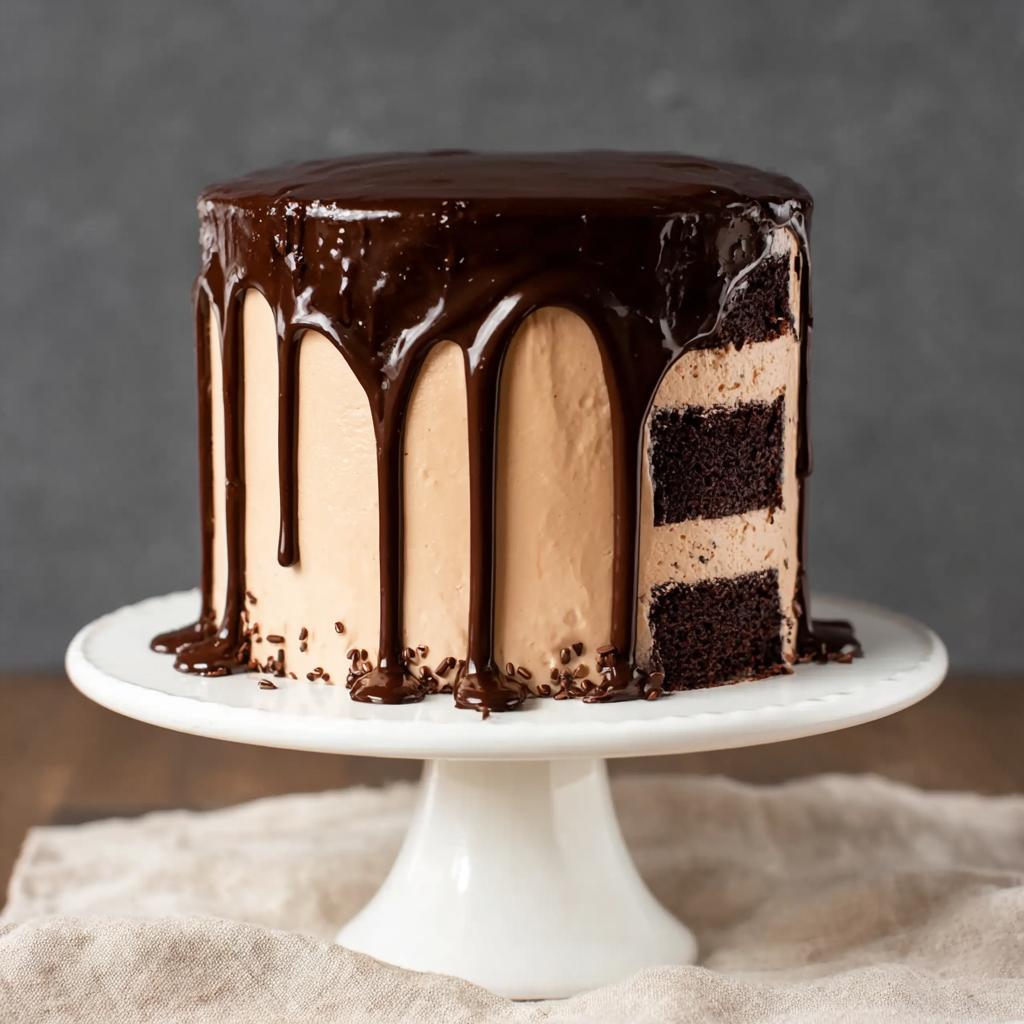 A decadent chocolate drip cake with layers of chocolate cake and mocha frosting, showcasing amazing cake ideas recipes.