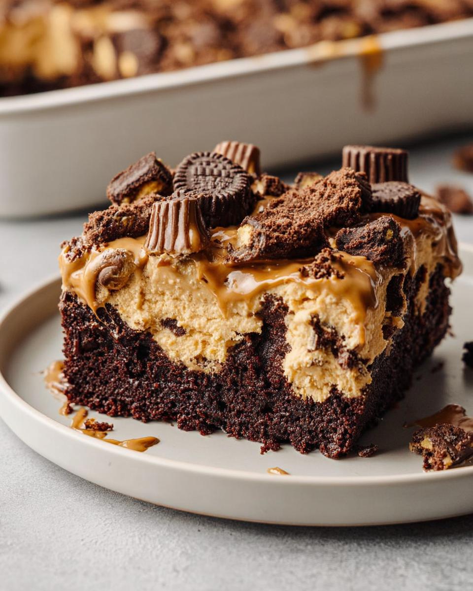 A rich slice of chocolate cake with peanut butter frosting and chocolate cookie crumbles, part of our Cake Ideas Recipes.