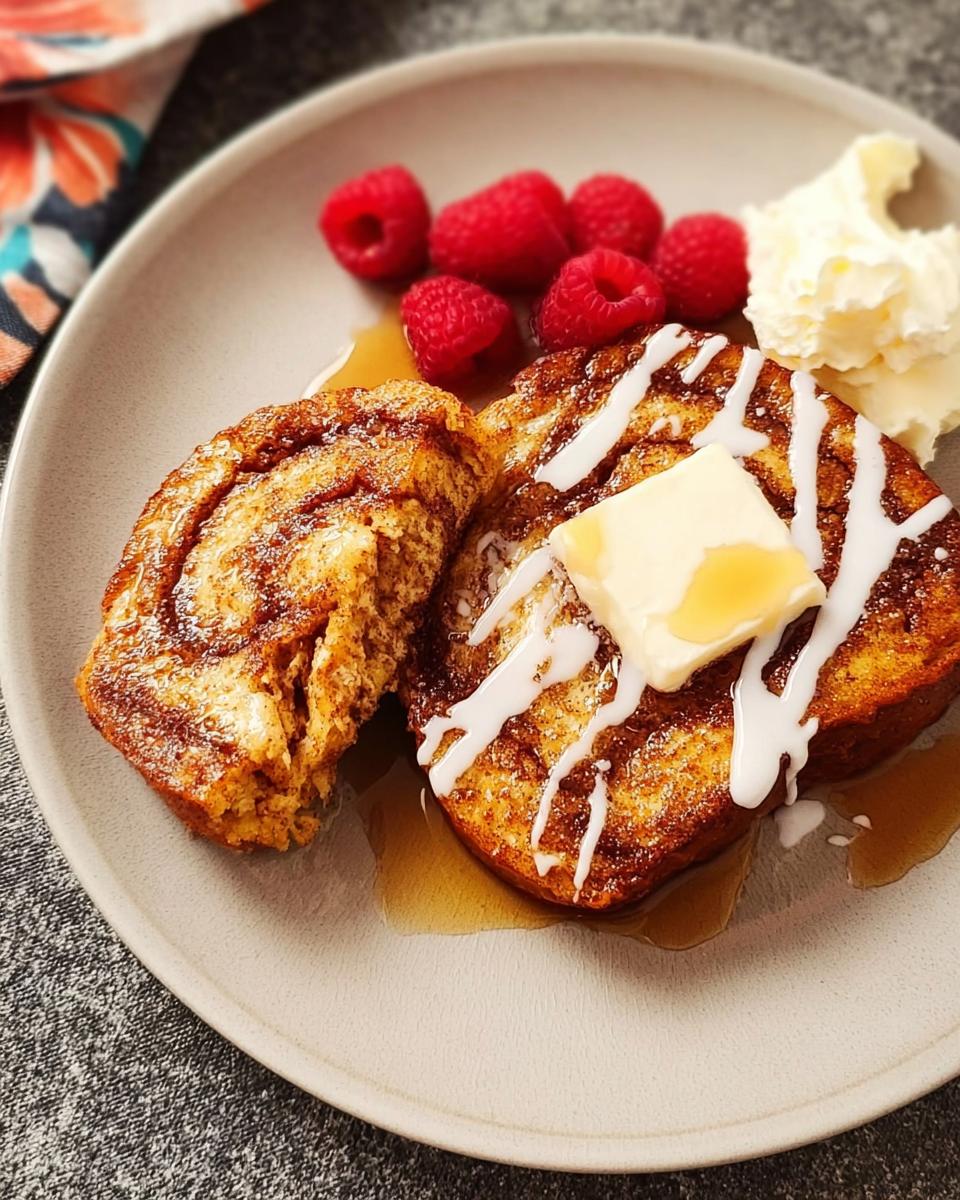 Close-up of cinnamon French toast with icing, butter, syrup, raspberries, and whipped cream, a perfect restaurant-style breakfast idea.