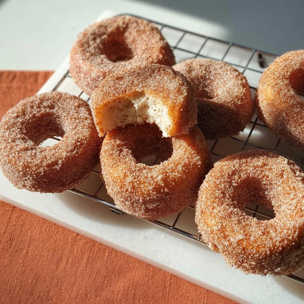 A pile of freshly made cinnamon sugar donuts, with one donut broken in half to show its fluffy interior. Perfect for breakfast ideas.