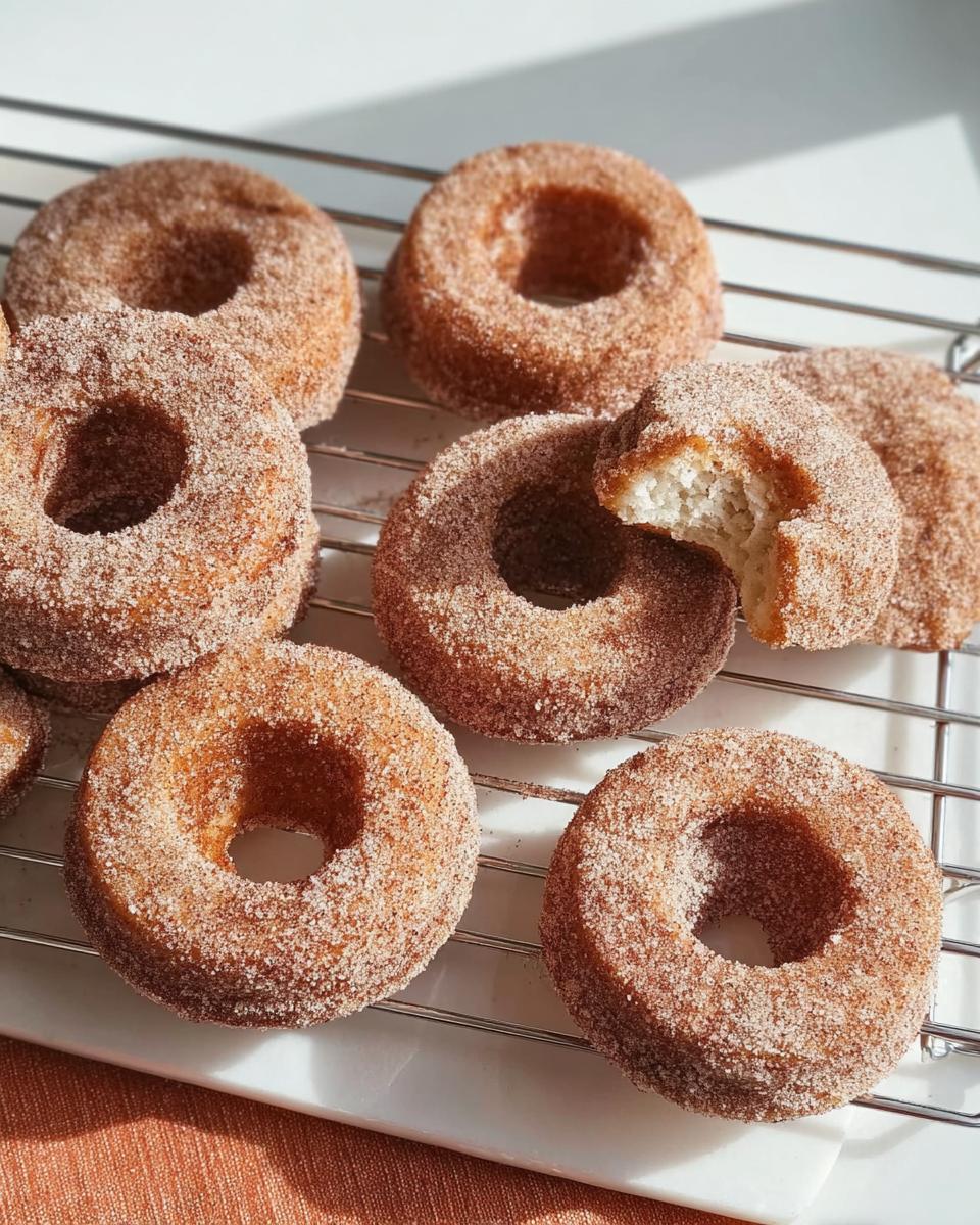 A batch of freshly baked cinnamon sugar donuts, with one donut having a bite taken out, showcasing its fluffy interior. A great breakfast idea.